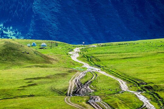 Mountain Road Through Green Kyrgyzstan Alpine Valley