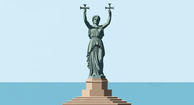 Minimalist vector illustration of the Medea Statue at Europe Square in Batumi, Georgia, depicting the Colchian princess holding the Golden Fleece against a solid blue background.