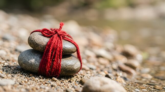 Two zen stones stacked with red yarn on a pebbled beach for wellness