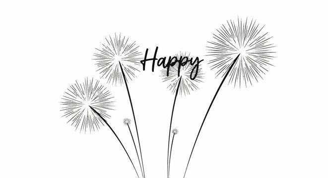 Minimalist black and white greeting card illustration featuring the word Happy in script font surrounded by stylized line art dandelion seed heads and fireworks on white.