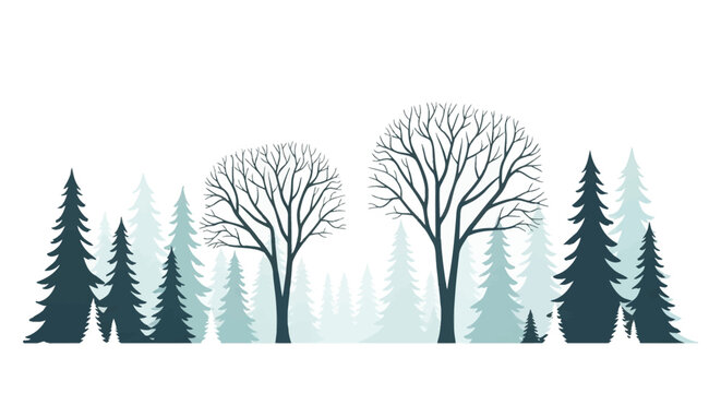 Minimalist winter forest vector illustration featuring silhouettes of teal pine and fir trees with two leafless deciduous trees in the center on a plain white background.