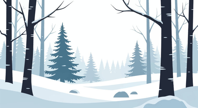 Minimalist vector illustration of a winter forest landscape featuring snow-covered ground, evergreen pine trees, bare birch tree trunks in the foreground, and a misty white background.