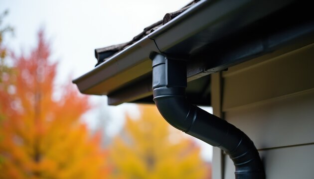 Close-up of black rain gutter system on house exterior. Colorful autumn tree foliage creates a blurred background. Seasonal home exterior detail for weather protection and water management.