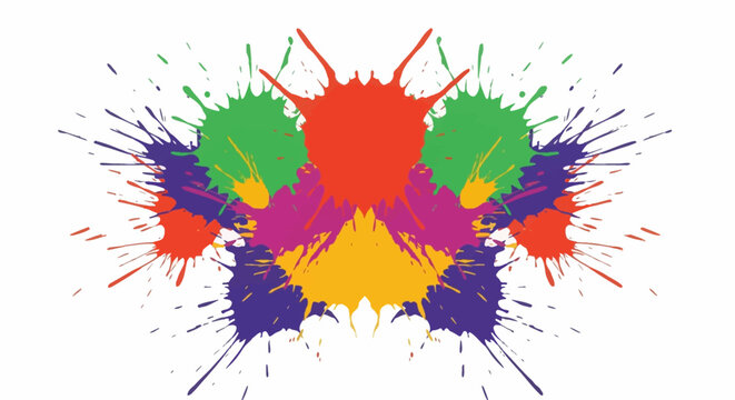 Symmetrical arrangement of vibrant paint splashes and splatters in red, green, purple, and yellow on a white background. Multi-colored inkblot design with droplets and liquid spray.