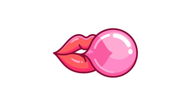 Woman blowing pink bubble gum with red lips, isolated on white background.