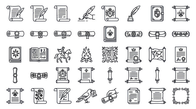 Vintage Scroll and Document Icons: History, Law, Education, and Royal Seals
