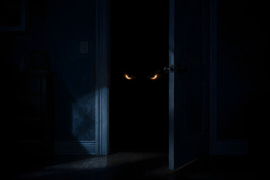 spooky glowing eyes in dark doorway