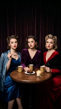 Three elegant women in vintage fashion enjoy coffee and cake by candlelight.