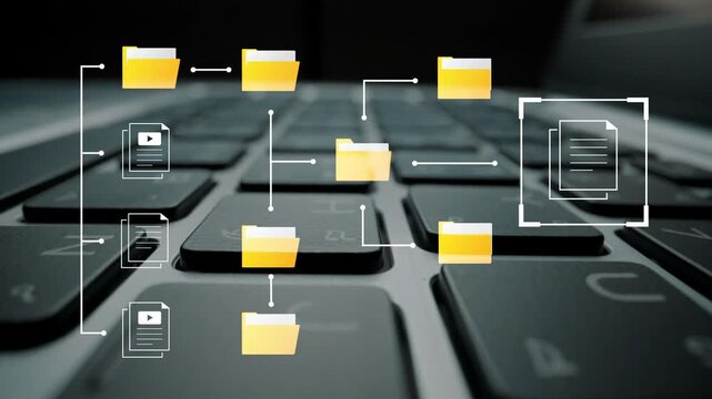 Digital concept of file management on a laptop keyboard, showcasing organization, data flow, and document storage in a modern workspace environment Gluon.