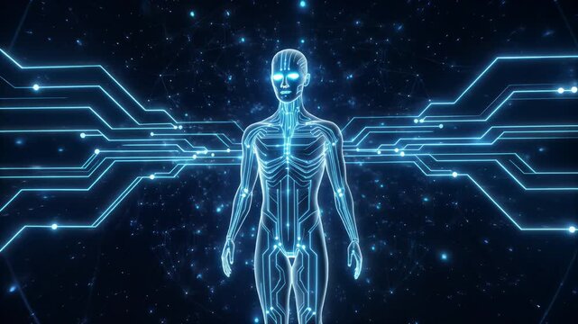 Futuristic humanoid robot, glowing blue circuitry and neon lines, standing against a dark background with digital elements, symbolizing technology and innovation, representing artificial intelligence
