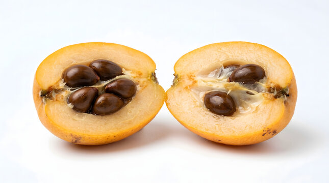 Halved fresh loquat fruit showing large brown seeds inside isolated on a white background close up view of ripe nispero