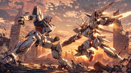 mech robots battling in futuristic cityscape © Novanture