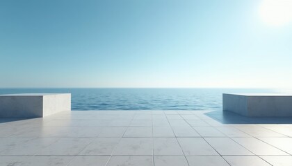 Fototapeta premium Minimalist scene with concrete blocks and tiled floor facing calm blue ocean under clear sky. Sunny day at seaside. Peaceful marine backdrop.