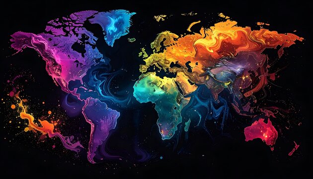 A vibrant, abstract world map with colorful splatters