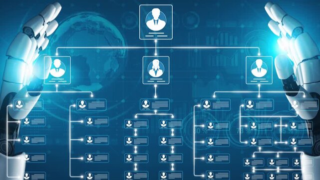 Digital representation of artificial intelligence analyzing data connections with robotic hands reaching towards person profiles and world map background Sigmoid