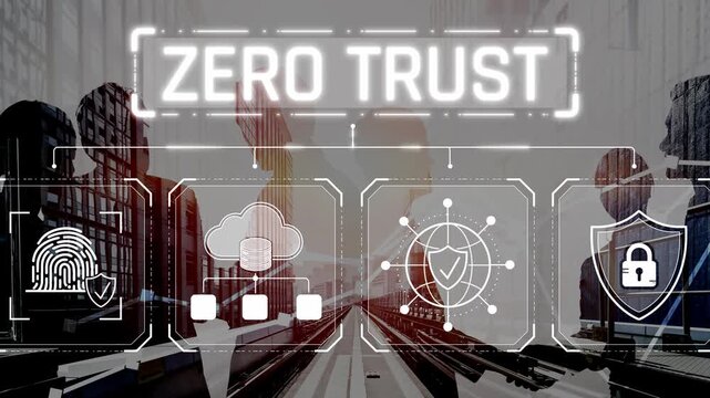 Modern Digital Security Concept Representing Zero Trust Framework with Icons for Authentication, Cloud, Network, and Protection in Business Environment Sigmoid