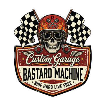 Realistische SKULL AND RACING FLAG Comic Vector Illustration | Totenkopf und Rennflagge f&uuml;r T-Shirt-Design