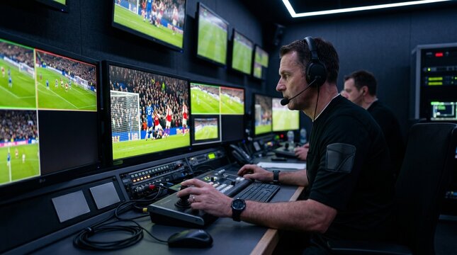 VAR referee working inside an official video assistant referee control room during a live soccer match