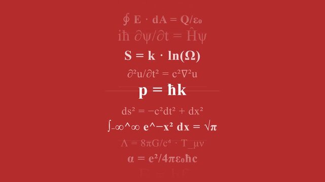 Physics and Mathematics Equations Scrolling on Red Background