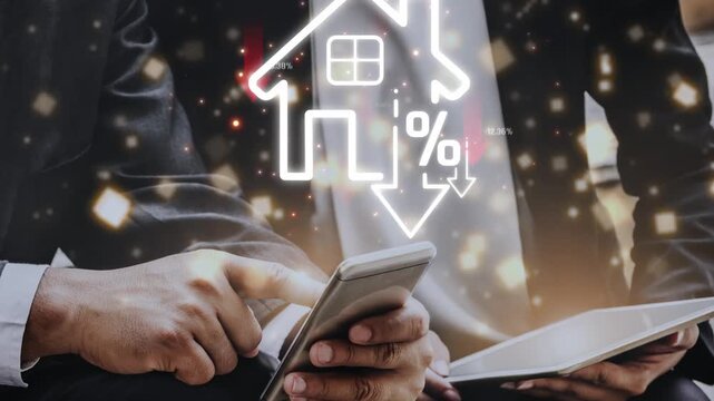 Business professionals analyzing real estate market trends with smartphone and tablet, symbolizing mortgage rates and property investment strategies Sigmoid