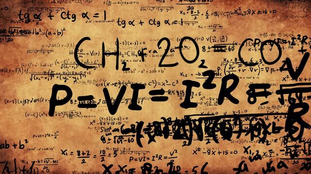 Flying Math Formula Equations Science Symbols on old paper. Math Calculation. Concept of thinking, confusion, calculating, cognitive, learning.