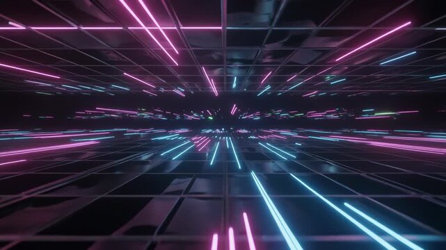 Futuristic neon-lit tunnel with vibrant pink and blue lights, dark background, abstract technology concept with grid pattern floor
