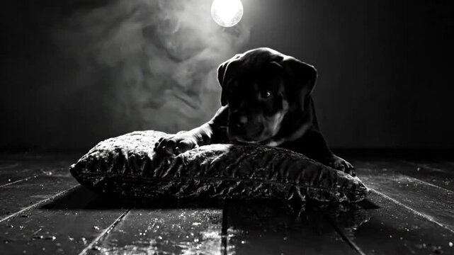 Black and white portrait of a puppy resting on a pillow in front of a moody dark background with dramatic lighting and smoke