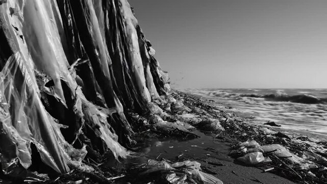 Black and white coastal scene featuring trash and plastic pollution, with water lapping against the shore