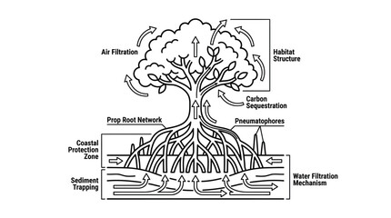 Naklejka premium Mangrove tree ecological functions schematic with root network details