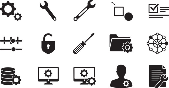 Collection of various technology and engineering icons on white background