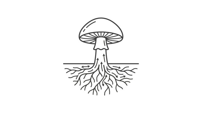 Simple mushroom and mycelium root network line art icon.