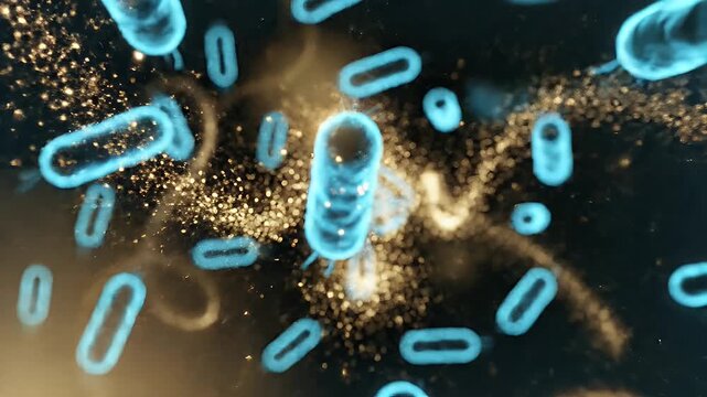 Microscopic view of glowing blue bacteria cells in motion with golden particles.