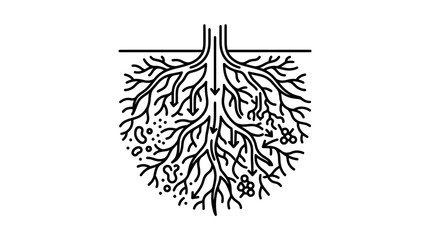 Minimalist tree root system line art with soil microorganisms. © abdul roof