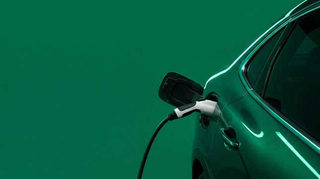 Minimalist close-up of a generic green electric vehicle charging, raw texture and asymmetric framing with ample copy space