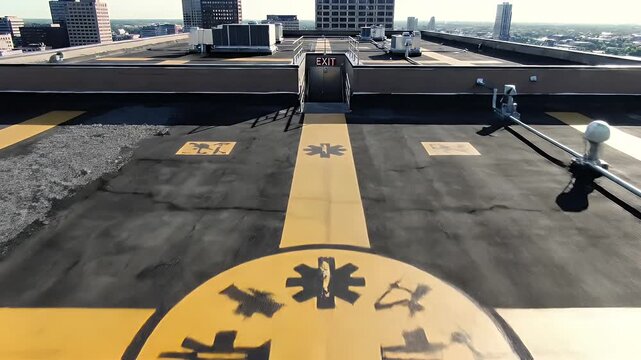 Rooftop Aerial View of Urban Cityscape with HVAC Systems and Helipad Markings.