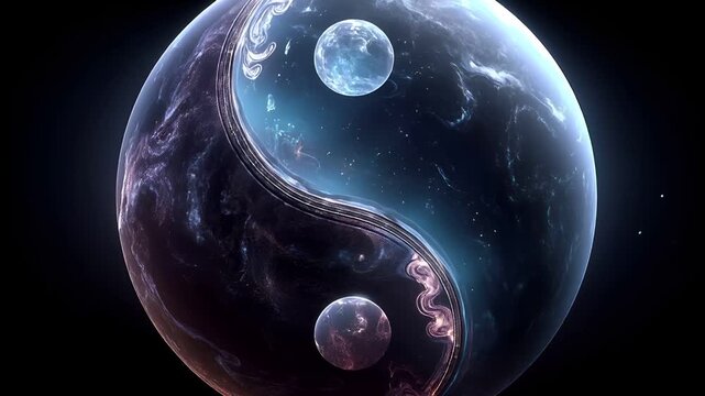 Yin Yang, Chinese philosophy, harmony, balance, Taoism. A digital artwork depicts a celestial scene, resembling a yinyang symbol. The celestial sphere is rendered in shades of blue and purple.