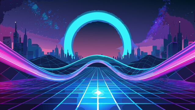 Cyberpunk city skyline with glowing neon ring and abstract light paths cyberpunk synthwave abstract landscape futuristic background architecture technology electronic perspective creative
