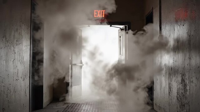 Smoke billows from open exit doors in a dark hallway.