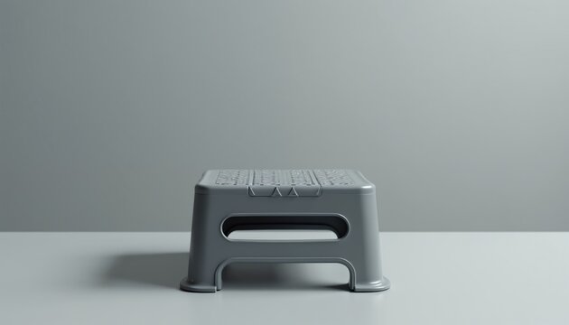 Gray plastic folding step stool is placed on a table. This portable helper offers quick access to higher spots in home or workshop. It is lightweight and easy to store away.