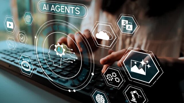 Close-up of Hands Typing on Keyboard with Overlaid Graphics Illustrating AI Agents and Technology Concepts in a Modern Workspace Environment. Entropy.