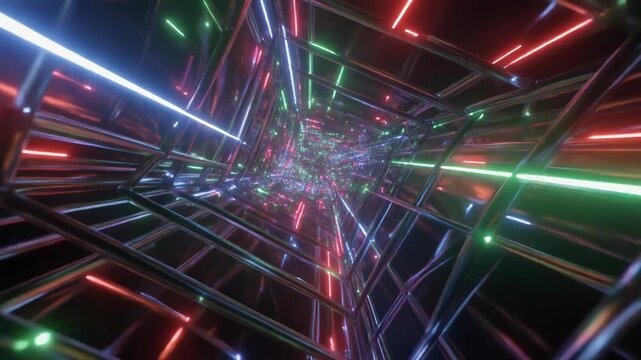 Vibrant neon-lit futuristic tunnel with colorful glowing lines and abstract metallic structure, cyberpunk atmosphere, dark background with radiant beams