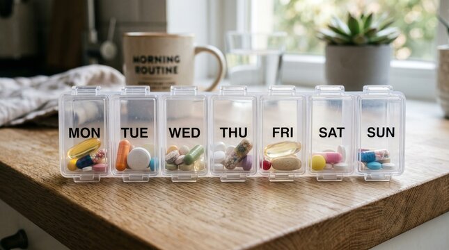 Photorealistic image of a transparent weekly vitamin pill box organizer