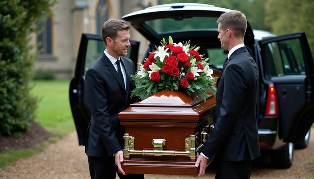 Funeral directors carry a coffin adorned with red roses and lilies from a hearse. They handle the casket with respect and care near a church building.