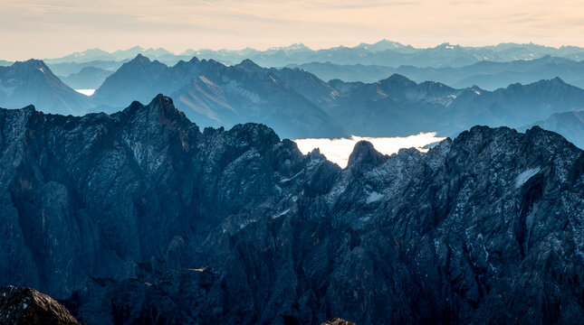 Zugspitze Summit Views Above Cloudy Alpine Peaks