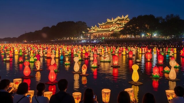 River of Lights: A breathtaking spectacle of thousands of glowing lanterns floating on a calm river at dusk, with a beautifully illuminated ancient temple complex in the background.