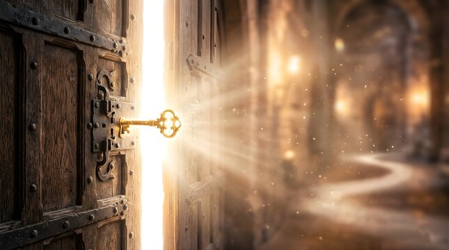 Golden key opening a mystical wooden door with glowing light of hope