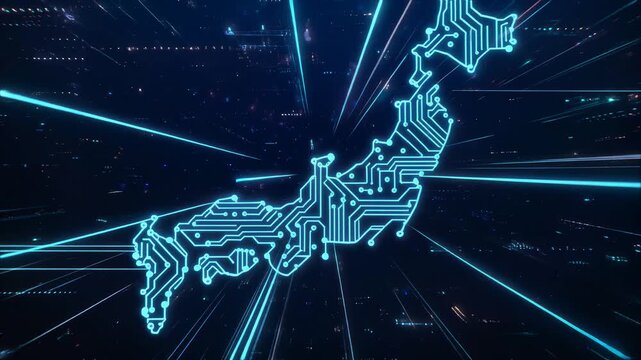 Neon Japan map, circuit board outline with glowing blue lines, dynamic futuristic background with streaks of light, symbolizing technology and innovation, representing Japan's digital future.