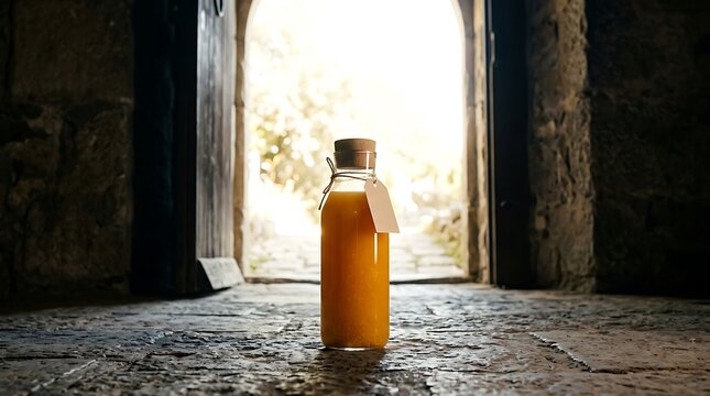Glass Bottle of Fresh Orange Juice in a Rustic Stone Cellar