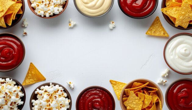 Flat lay of party snacks featuring bowls of popcorn, tortilla chips, and dips forming a frame around central copy space