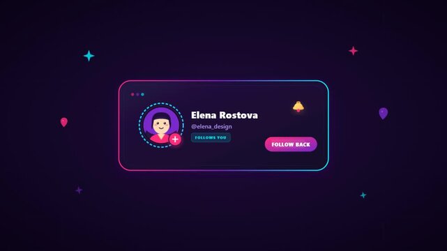 Neon UI Profile Card Animation with Avatar and Follow Button on Dark Background.